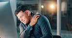 Tired, computer and shoulder pain with business man in office for night, fatigue and report deadline. Overtime, bokeh and burnout with person in agency for online research, injury and workaholic