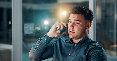 Buy stock photo Phone call, smile and computer with business man in office for bookkeeping update, night and contact. Portfolio research, communication and overtime report with person in financial firm and bokeh