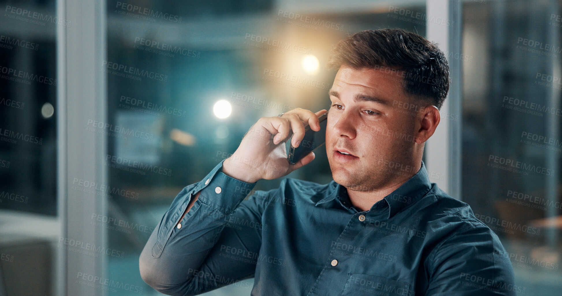 Buy stock photo Phone call, smile and computer with business man in office for bookkeeping update, night and contact. Portfolio research, communication and overtime report with person in financial firm and bokeh