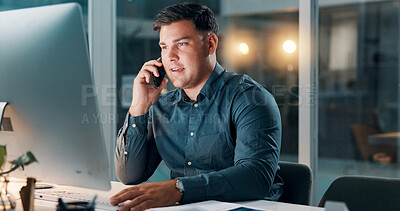 Buy stock photo Night, phone call or businessman with computer in office, international client contact or trading advice. Market update, global investment or employee speaking for asset management, tech or late news