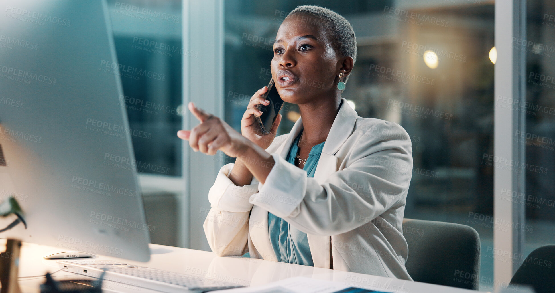 Buy stock photo Night, phone call or black woman with computer in office, international client contact or trade error. Stocks crash, investing mistake or person pointing for asset management, tech or late resolution