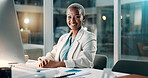 Black woman, portrait or night with computer for accounting, business finance or economics in office. Female person, accountant and working late with smile for corporate budget or financial report