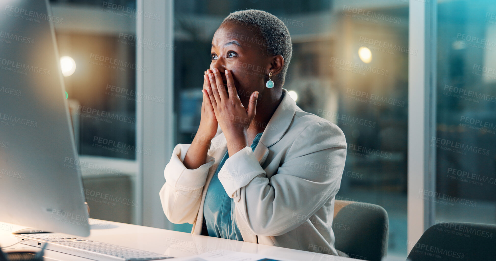 Buy stock photo Shocked, employee and woman with computer, office and journalist with positive feedback or good news. Creative, reporter and black person with tech for story submission, surprise and success at night