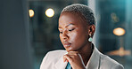 Thinking, serious and businesswoman in office at night with deadline for finance report with budget. Bokeh, professional and African financial manager with ideas for investment proposal with overtime