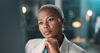 Buy stock photo Thinking, black woman or reading computer in office for article insight, fact checking or overtime. Night, bokeh or editor with PC at media agency for publication review, approval decision or editing