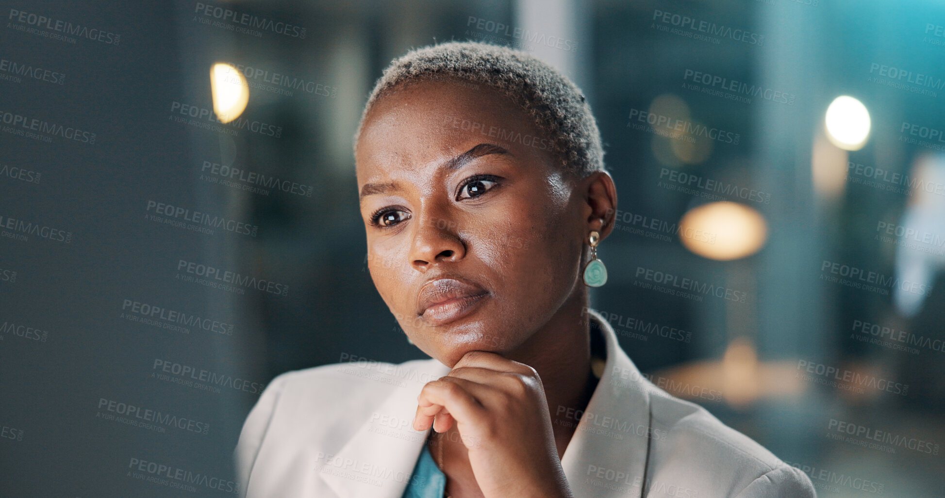 Buy stock photo Thinking, black woman or reading computer in office for article insight, fact checking or overtime. Night, bokeh or editor with PC at media agency for publication review, approval decision or editing