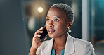 Phone call, reading and computer with business black woman for bookkeeping update, night and contact. Portfolio research, communication and overtime report with person in financial firm and bokeh