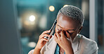 Black woman, frustrated and night with phone call for bad news, headache or financial crisis. Female person, employee or working late on mobile smartphone for company bankruptcy or debt in office