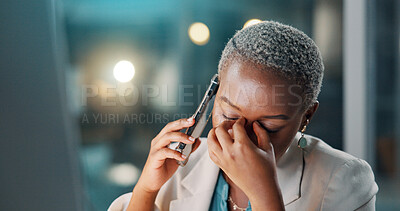 Buy stock photo Black woman, frustrated and night with phone call for bad news, headache or financial crisis. Female person, employee or working late on mobile smartphone for company bankruptcy or debt in office