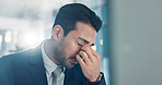 Stress, business man and headache in office from auditing burnout, workload pressure or brain fog. Accountant, person and tension migraine at workplace for deadline challenge, overworked and fatigue