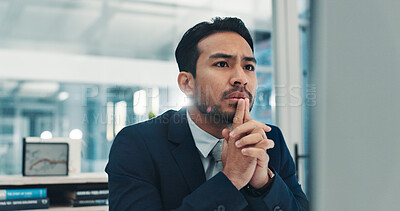 Buy stock photo Employee, thinking and man with computer, office and risk assessment on website, serious and online. Investment banker, reading and person with tech for financial analysis, info and asset management