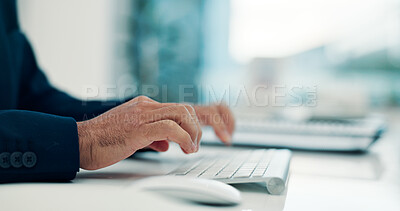 Buy stock photo Hands, man and typing computer in office for finance report, budget planning and investment proposal. Accountant, person and PC at accounting firm for email feedback, financial portfolio and research