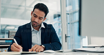Buy stock photo Business, man and writing in office with notebook for research, planning and finance checklist. Accountant, diary and reminder with financial schedule, audit notes and to do list for company expenses
