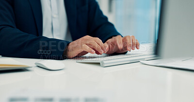 Buy stock photo Business person, hands and typing with keyboard in office for information, research or data entry. Employee, agent or typist with company email for network connection, internet or communication
