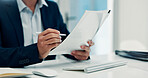 Documents, office and hands of business man for finance report, planning and budget review. Corporate, financial advisor and person with paperwork for profit growth, information and investment deal