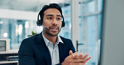 Buy stock photo Businessman, agent and customer service with headset in office for virtual assistance. Man, consultant or listening with mic on computer for CRM help, online advice or telemarketing in workplace
