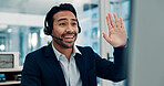 Happy, businessman and consultant with wave in office for video call, virtual assistance or chat. Man, friendly agent or hello with mic on computer for CRM, online meeting or webinar in workplace