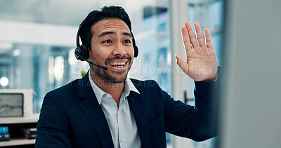 Buy stock photo Happy, businessman and consultant with wave in office for video call, virtual assistance or chat. Man, friendly agent or hello with mic on computer for CRM, online meeting or webinar in workplace
