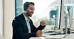 Happy, businessman and consultant with headset in office for virtual assistance or web support. Man, employee or friendly agent talking with mic on computer for online advice or customer service