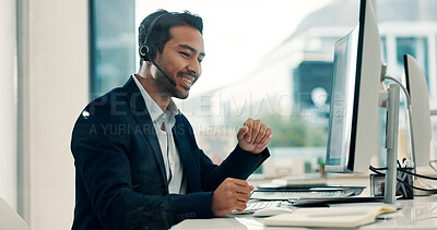 Buy stock photo Happy, businessman and consultant with headset in office for virtual assistance or web support. Man, advisor or agent talking with mic on computer for communication, online advice or customer service