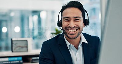 Buy stock photo Happy, businessman or portrait with headset in office for virtual assistance or web support. Man, consultant or smile with mic on computer for CRM, online advice or customer service in call center