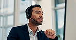 Businessman, consultant and customer service with headset in office for virtual assistance. Man, agent or listening with mic on computer for CRM help, online advice or telemarketing in workplace