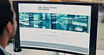 Computer screen, man and stock exchange for trading report, newsletter or story at investment agency. Person, trader and pc monitor for review, article or market research for portfolio management
