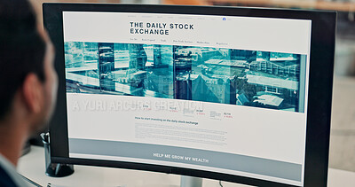 Buy stock photo Computer screen, man and stock exchange for trading report, newsletter or story at investment agency. Person, trader and pc monitor for review, article or market research for portfolio management