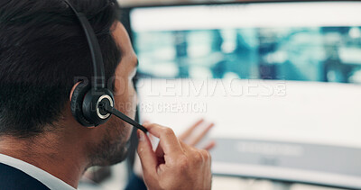 Buy stock photo Man, talk and headset with computer screen in call centre for customer service, online query and advice. Agent, mic or pc with questions, client support and crm representative of technical assistance