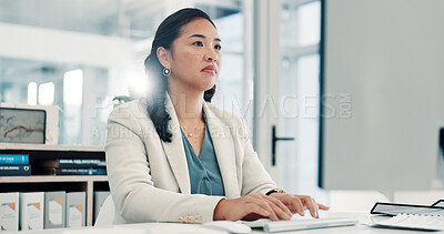 Buy stock photo Business, woman and typing on computer in office for finance report, budget planning and flare. Accountant, employee and PC at accounting firm for research, financial portfolio or investment proposal