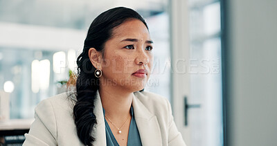 Buy stock photo Serious, employee and woman with computer, office or risk assessment on website, research and online. Investment banker, reading and person with tech for financial analysis, info and asset management