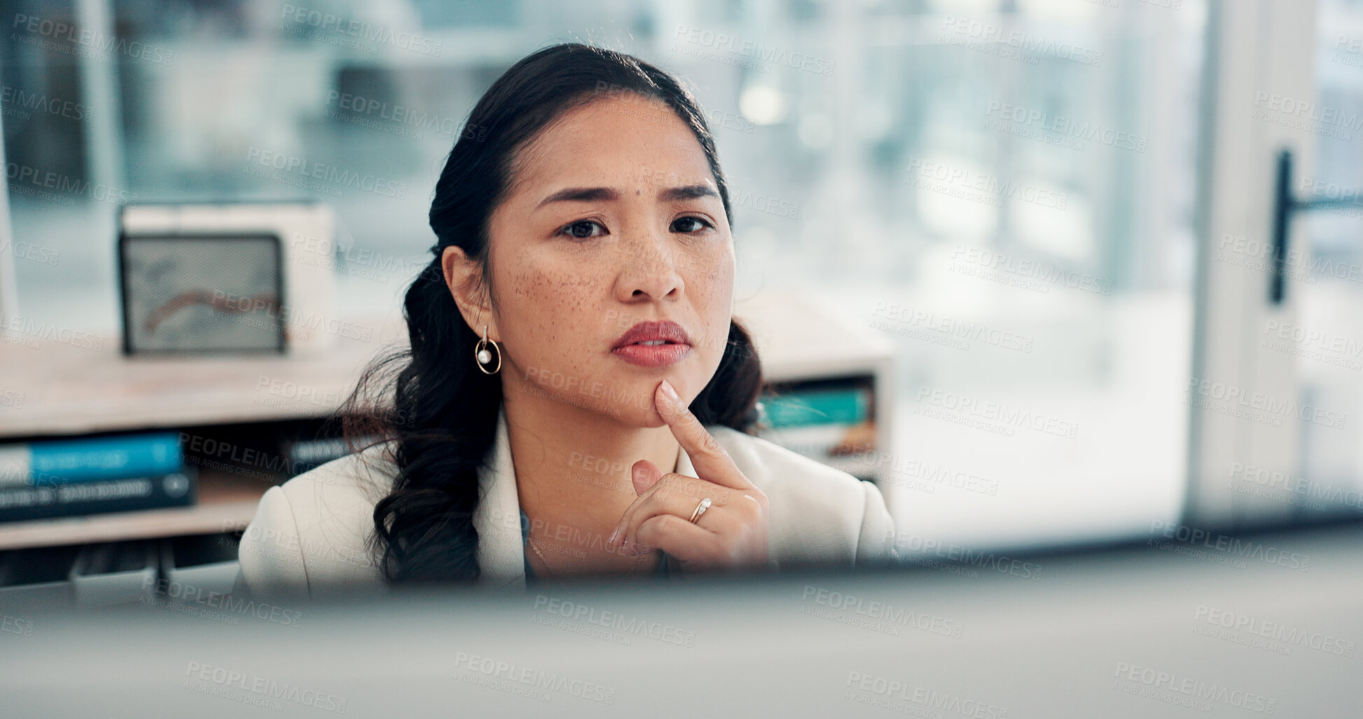 Buy stock photo Employee, thinking and woman with computer, office or risk assessment on website, serious and online. Investment banker, reading and person with tech for financial analysis, info and asset management