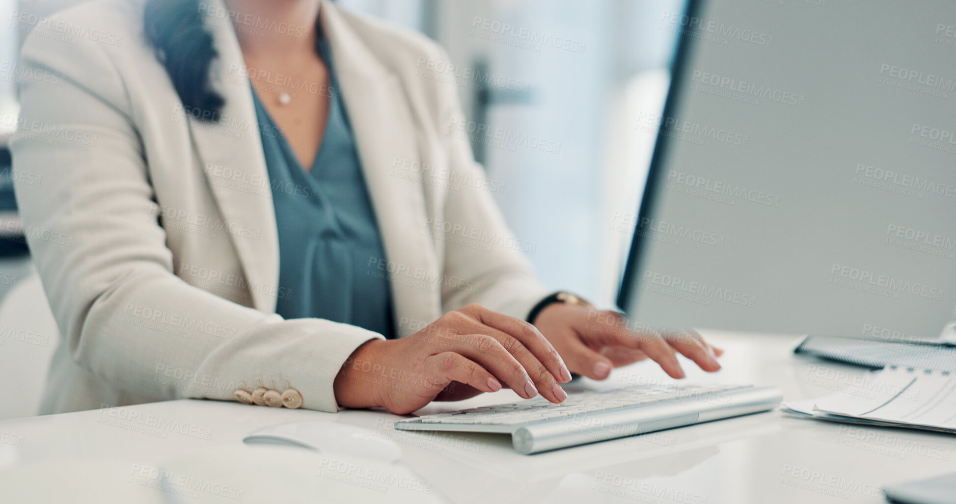 Buy stock photo Hands, woman and typing computer in office for finance report, budget planning or investment proposal. Accountant, person and PC at accounting firm for email feedback, financial portfolio or auditing