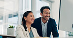 Laughing, employees and people with computer, office or risk assessment on web, research and success. Investment bankers, reading and team with tech for financial analysis and happy for achievement
