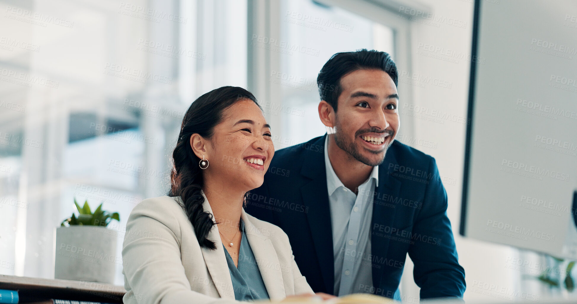 Buy stock photo Laughing, employees and people with computer, office or risk assessment on web, research and success. Investment bankers, reading and team with tech for financial analysis and happy for achievement