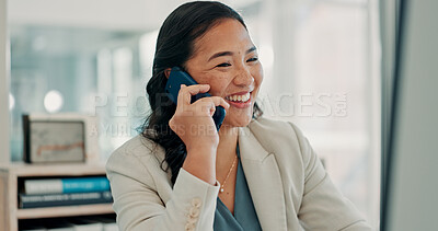 Buy stock photo Happy, phone call and woman with computer, office and risk assessment on web, discussion and online. Investment banker, reading and person with tech for financial advice, laugh and communication