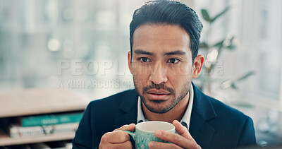 Buy stock photo Coffee, thinking and businessman in office with decision, idea or choice for finance career. Reflection, professional and male financial manager drinking warm beverage for planning investment budget.
