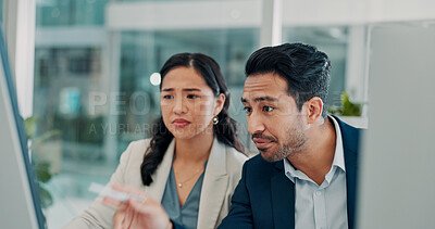 Buy stock photo Serious, teamwork and people with computer, office or risk assessment on website, research and info. Investment banker, reading and colleagues with tech for financial analysis and asset management