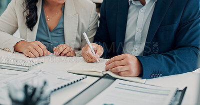Buy stock photo Paperwork, writing and hands of business people with notebook for finance report, budget and planning. Corporate, notes and man and woman with documents, financial proposal and investment strategy