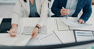 Buy stock photo Documents, above and hands of business people for finance report, budget review and research. Corporate, teamwork and man and woman with paperwork, financial proposal and writing notes for planning