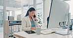 Phone call, computer and businesswoman in office with communication for finance deal with client. Technology, contact and financial advisor on mobile discussion for investment proposal in workplace.