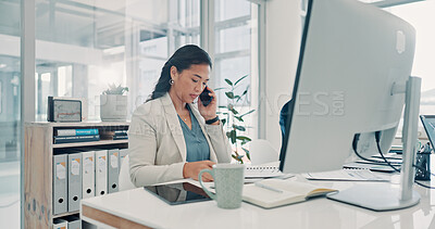 Buy stock photo Phone call, computer and businesswoman in office with communication for finance deal with client. Technology, contact and financial advisor on mobile discussion for investment proposal in workplace.