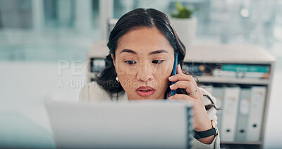 Buy stock photo Phone call, documents and businesswoman in office with communication for finance deal with client. Paperwork, contact and financial advisor on mobile discussion for investment proposal in workplace.