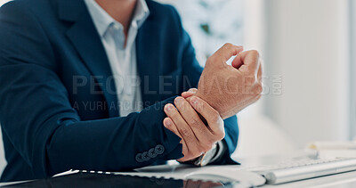 Buy stock photo Tech, hands and business man with wrist pain in office from carpal tunnel, auditing workload or RSI. Accountant, PC and joint discomfort at accounting firm from arthritis, muscle tension or reporting