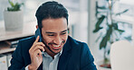 Phone call, happy and businessman in office with communication for finance deal with client. Cellphone, contact and male financial advisor on mobile discussion for investment proposal in workplace.