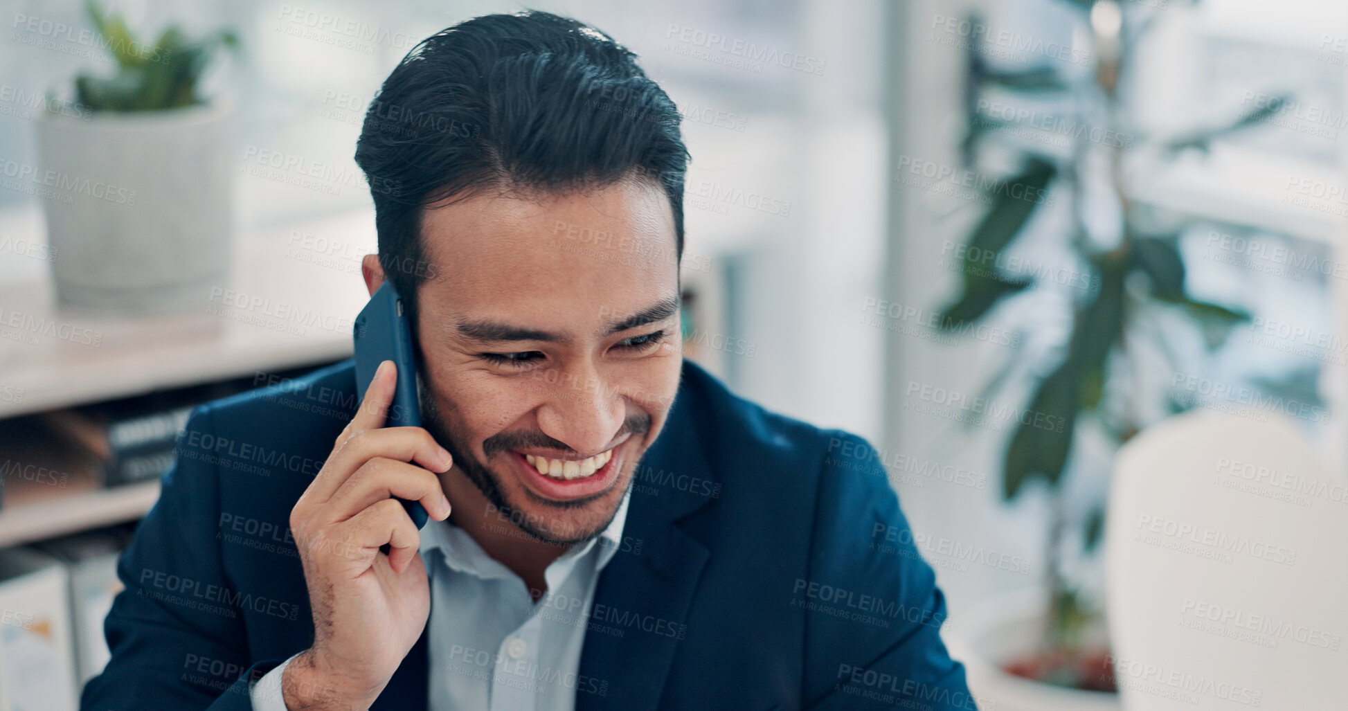 Buy stock photo Phone call, happy and businessman in office with communication for finance deal with client. Cellphone, contact and male financial advisor on mobile discussion for investment proposal in workplace.
