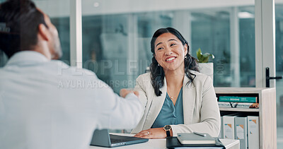 Buy stock photo Happy, woman and handshake with man, hiring and interview with candidate, onboarding and achievement. Business, people and shaking hands for job opportunity, recruitment and gesture for agreement