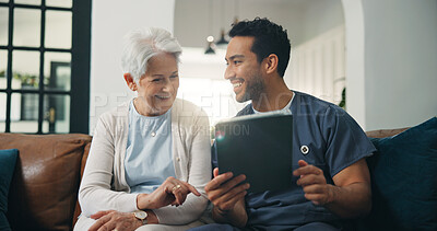 Buy stock photo Nursing home, senior woman and nurse with tablet, consultation and happy for positive health report. Assisted living, old person and caregiver with tech for medical results, healthcare and wellness