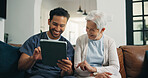 Happy, old woman and nurse with tablet, homecare and consultation for health report on app or scroll. Healthcare, elderly person and caregiver with tech for medical results and wellness in house