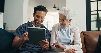 Buy stock photo Happy, old woman and nurse with tablet, homecare and consultation for health report on app or scroll. Healthcare, elderly person and caregiver with tech for medical results and wellness in house